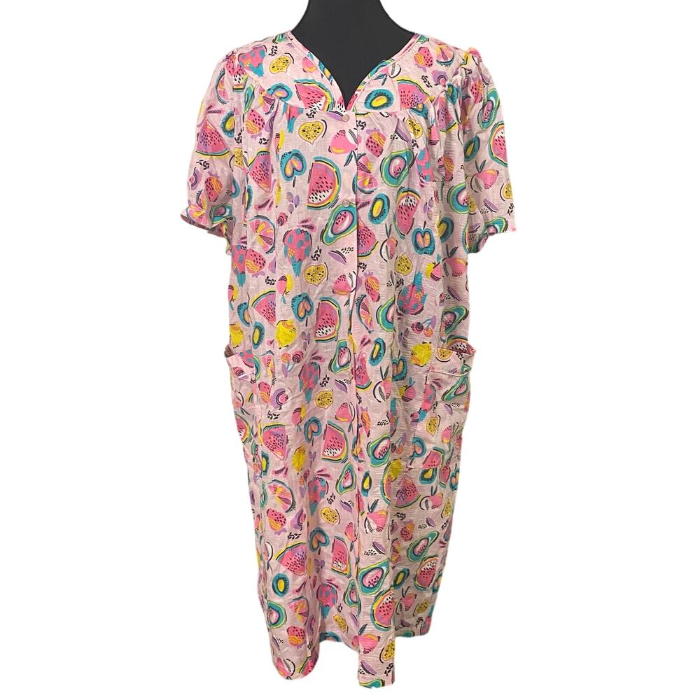 NWT Elegant Emily Fruit Print Snap Front House Dress 2X Robe Grannycore Plus Sz